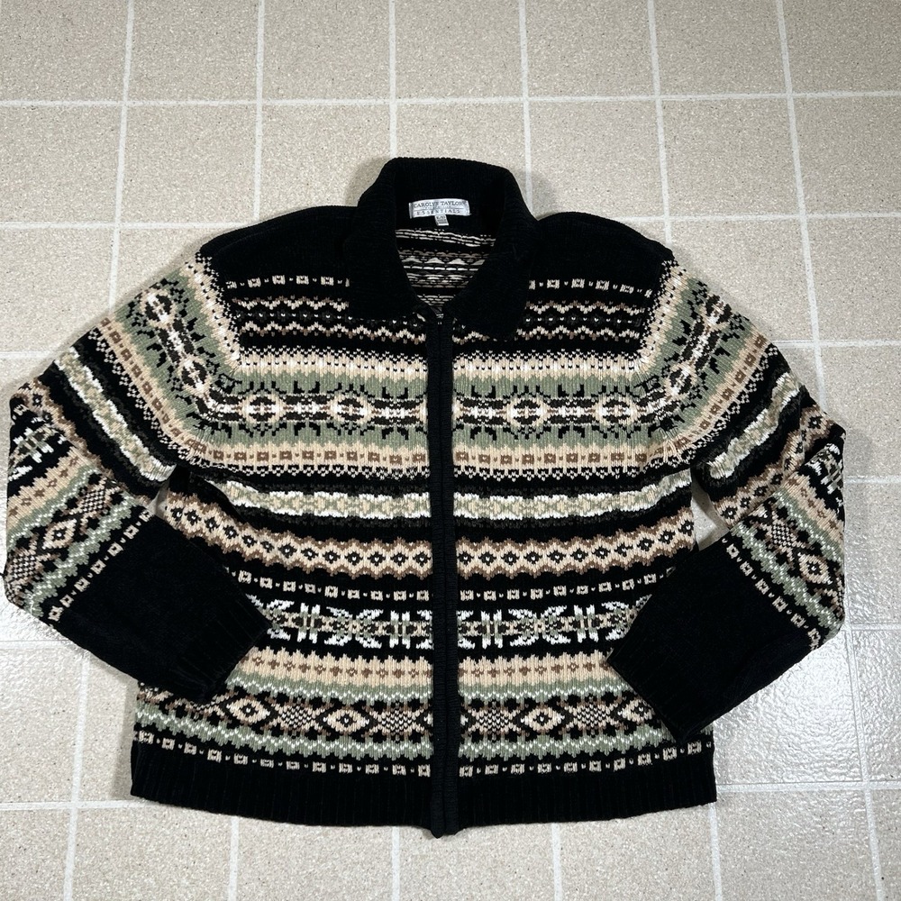 Vintage Carolyn Taylor Fair Isle Sweater Full Zip Size XL Black Green White